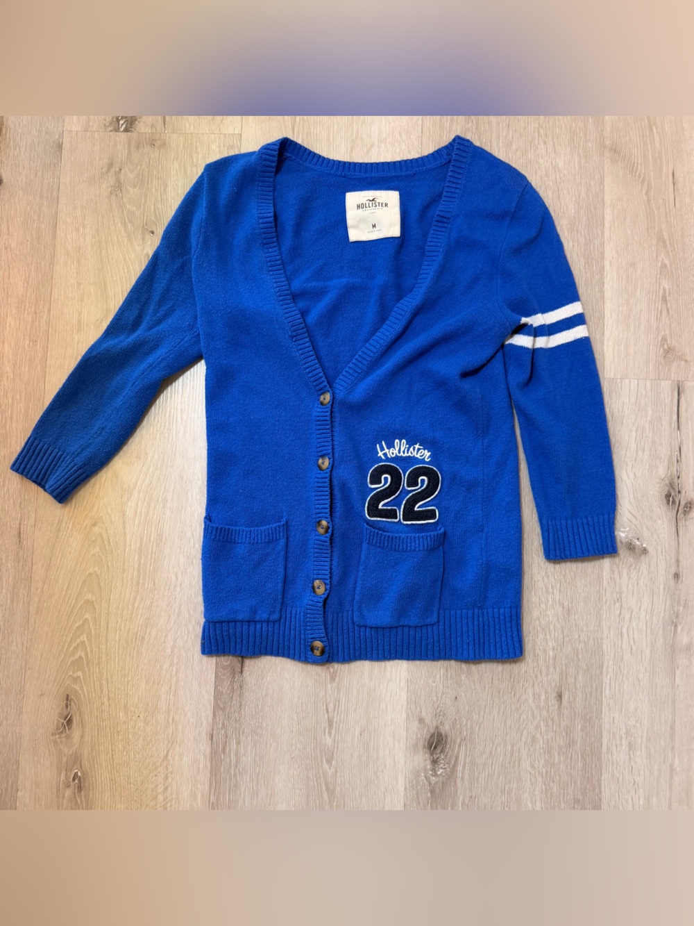 VTG Y2K Hollister Varsity Letterman Cardigan Sweater Blue Size M 22 Patch Preppy